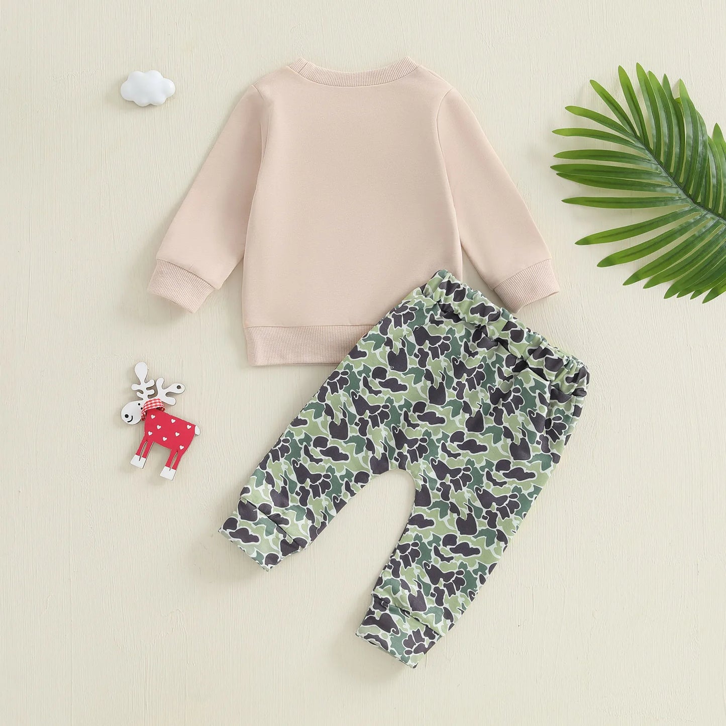 Baby Toddler Boys 2Pcs Fall Outfit Deer Print Long Sleeve Crewneck Top and Elastic Camouflage Pants Clothes Jogger Set