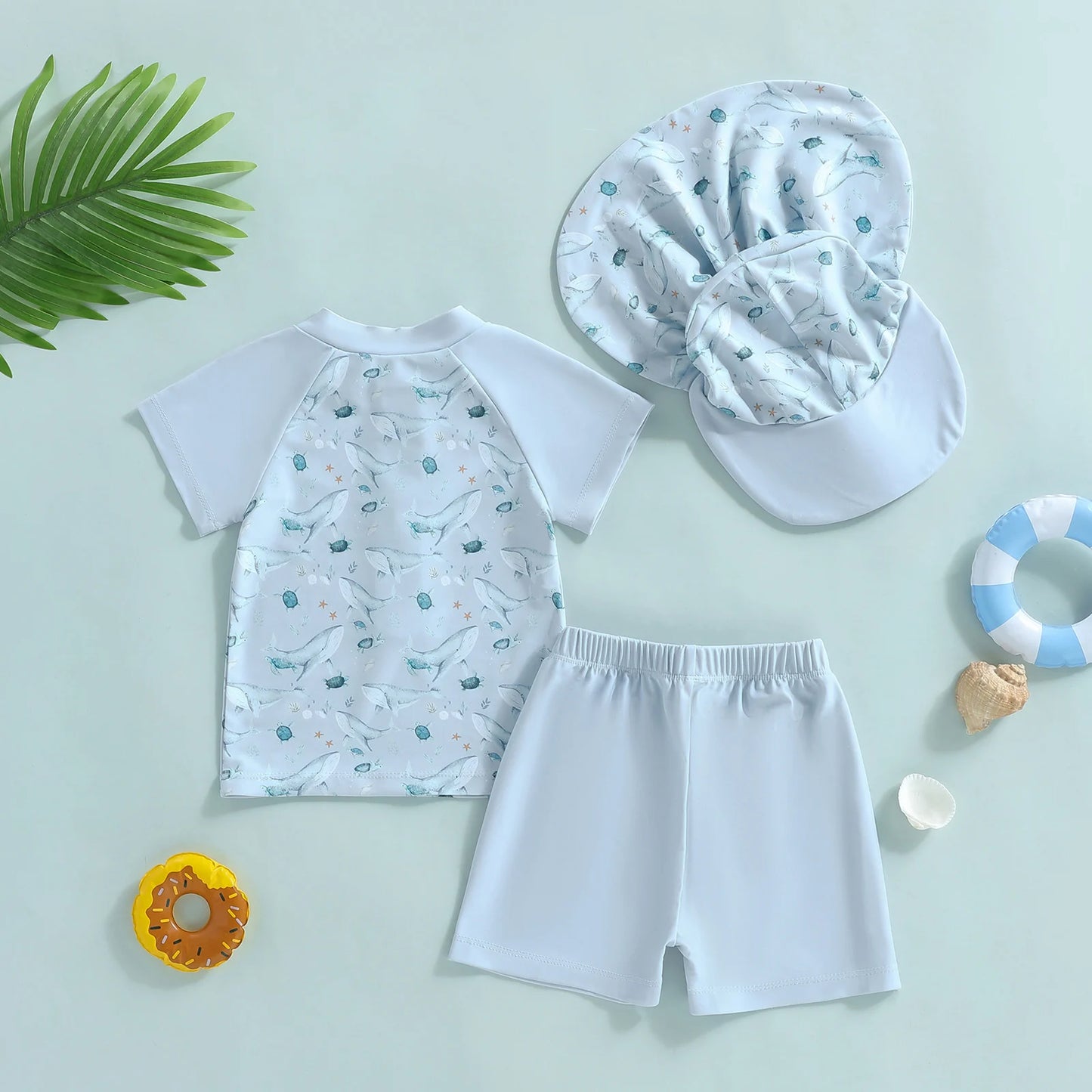 Baby Toddler Boys 3Pcs Rash Guard Swimsuit Short Sleeve Dinosaur Print Top Swim Shorts Hat Swimwear Three Piece Set