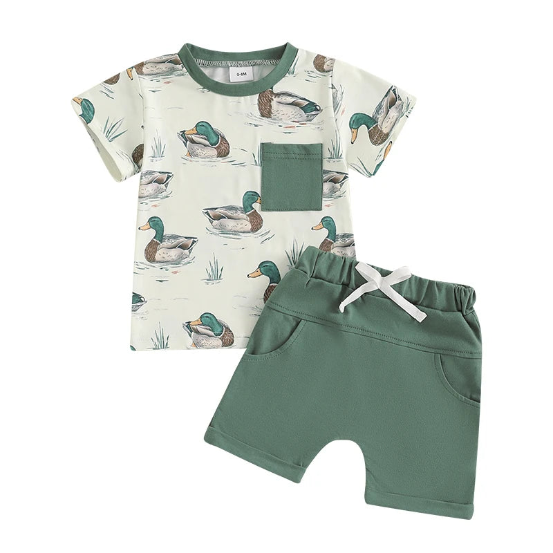 Baby Toddler Boys 2Pcs Duck Print Spring Outfit Short Sleeve T-Shirt Top Elastic Waist Shorts Farm Clothes Summer Set