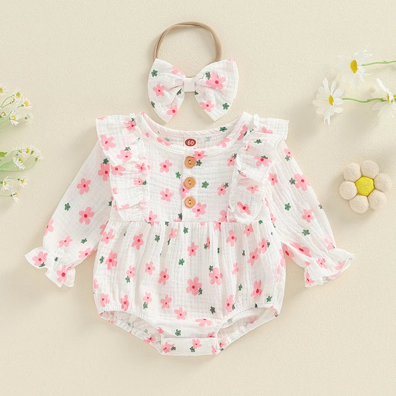 Baby Girl 2Pcs Outfit, Long Sleeve Crew Neck Floral Flowers Romper with Hairband Bow Set