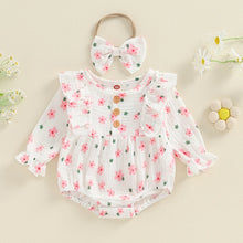 Load image into Gallery viewer, Baby Girl 2Pcs Outfit, Long Sleeve Crew Neck Floral Flowers Romper with Hairband Bow Set
