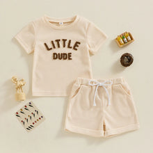 Load image into Gallery viewer, Toddler Baby Boy 2Pcs Little Dude Spring Summer Clothes Fuzzy Letter Waffle Short Sleeve Top Elastic Waist Shorts Set Outfit
