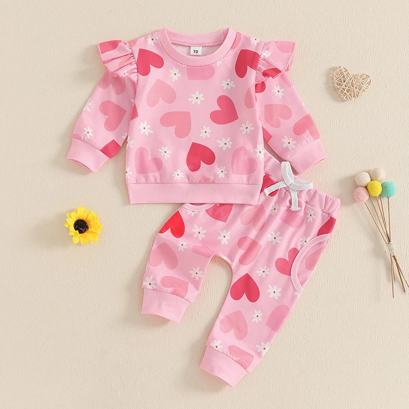 Baby Toddler Girls 2Pcs Outfit Heart Flower Print Long Sleeve Crewneck Frilly Shoulder Top with Jogger Pants Valentine's Day Set