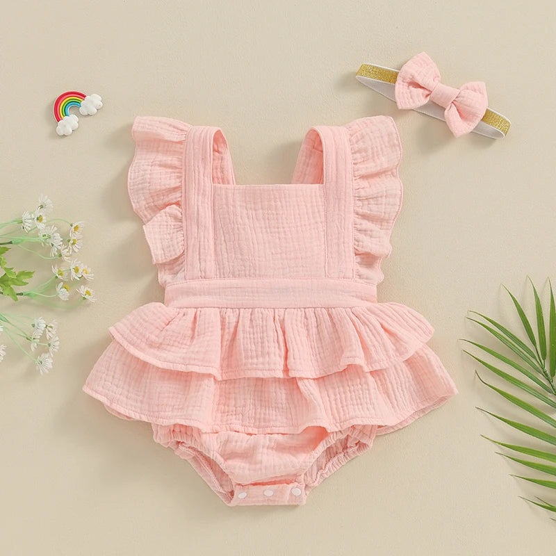 Baby Girls 2Pcs Romper Dress Solid Color Fly Sleeve Skirt Hem Tank Top Bodysuit Summer Clothes with Headband Set