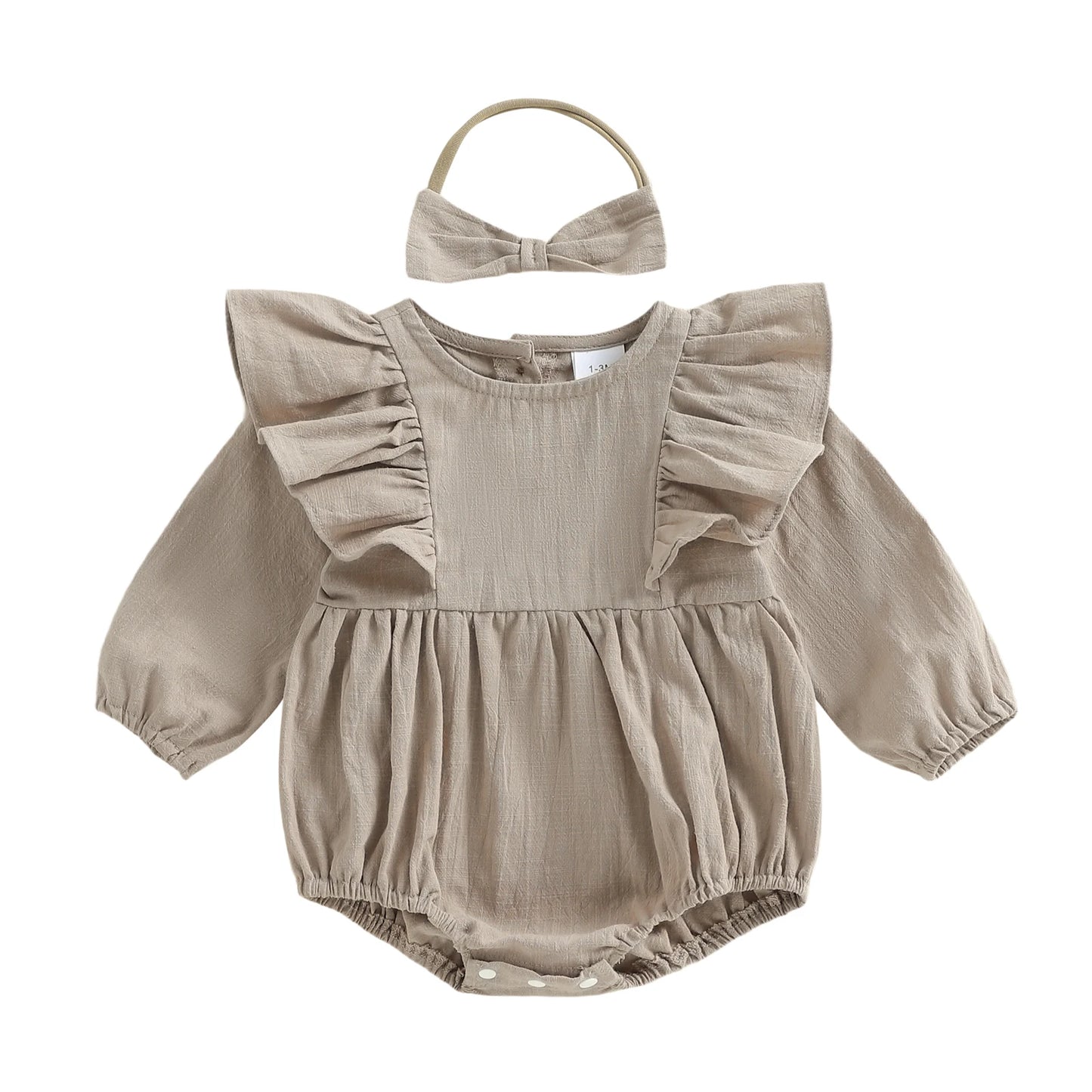 Baby Girl 2Pcs Spring Romper Solid Color Long Sleeves Round Neck Ruffled Bodysuit and Matching Bow Headband Set