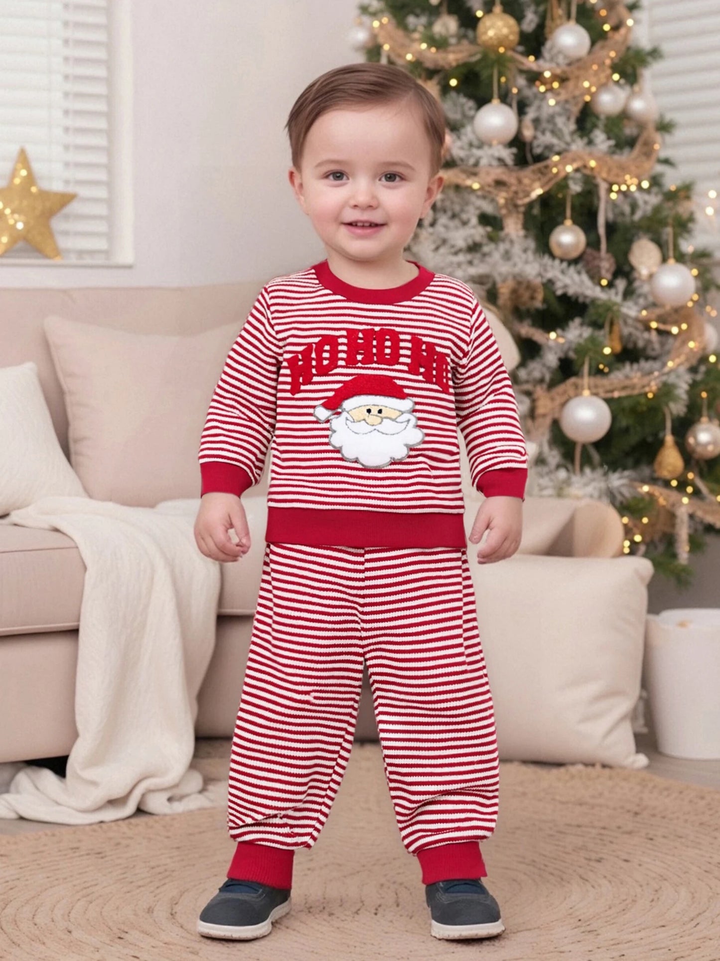 Baby Toddler Boys Girls 2Pcs Ho Ho Ho Christmas Striped Jogger Set Fashionable Long Sleeve Santa Claus Embroidery Pullover Top with Pants 2 Pcs Outfit