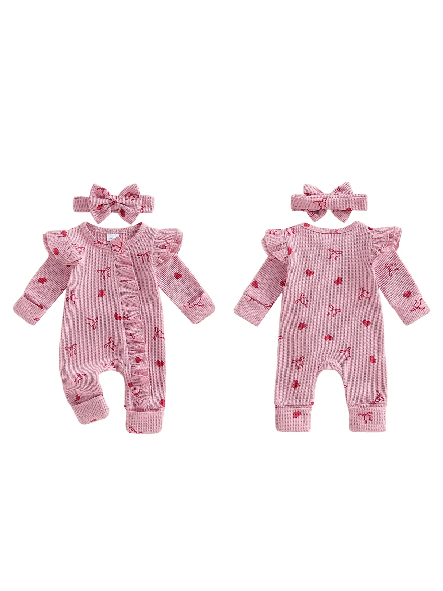Baby Girls 2Pcs Valentine's Day Romper Outfit Heart Print Ruffle Long Sleeve Jumpsuits Bow Headband Set