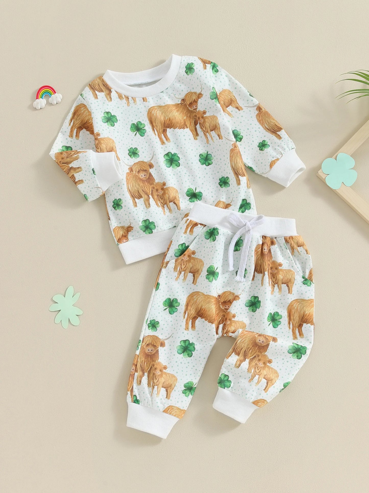 Toddler Baby Girl Boy 2Pcs St. Patrick's Day Outfits Long Sleeve Top Four Leaf Clover Shamrock Cow Print with Pants Set