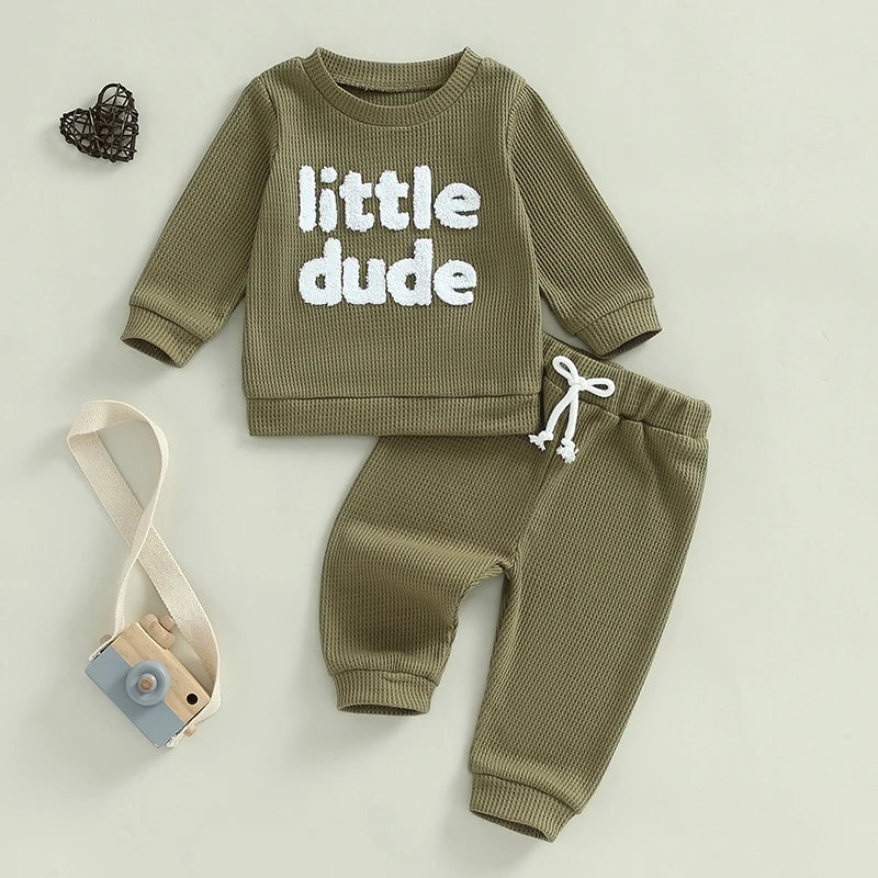 Baby Toddler Boys 2Pcs Little Dude Waffle Outfit Letter Embroidery Long Sleeve Top with Elastic Waist Solid Pants Set