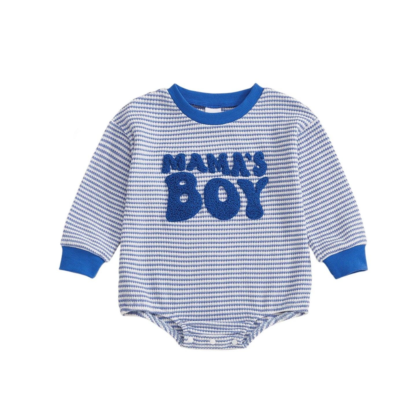 Baby Boy Romper Long Sleeve Crew Neck Striped Embroidery Mama's Boy Letters Fall Bodysuit