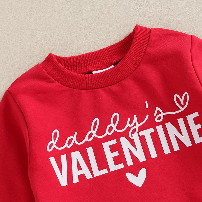 Toddler Baby Girl 2Pcs Valentine's Day Outfit Daddy's Valentine Letter Heart Print Crewneck Top Flare Pant Clothes Set