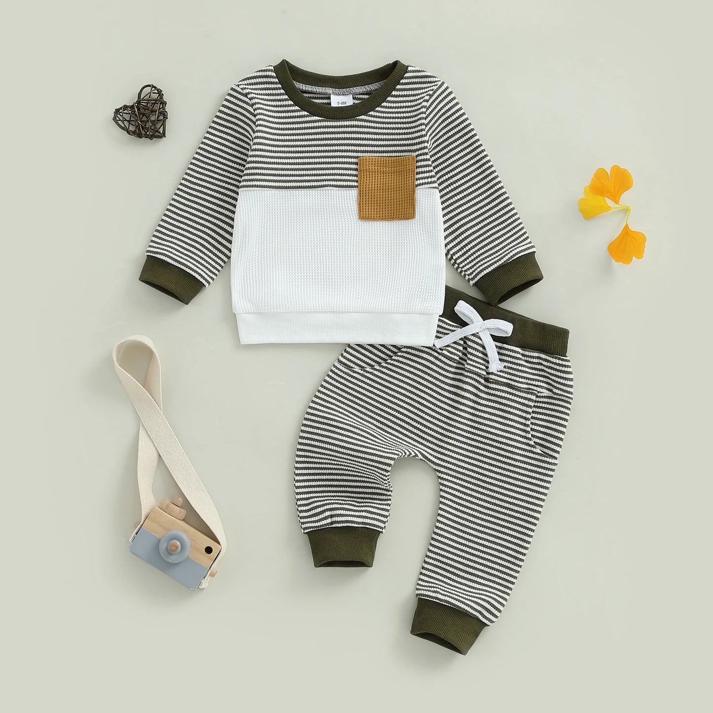 Baby Toddler Boys 2Pcs Fall Waffled Outfits Stripe Pocket Long Sleeve Round Neck Pullover + Elastic Waist Pants Jogger Set