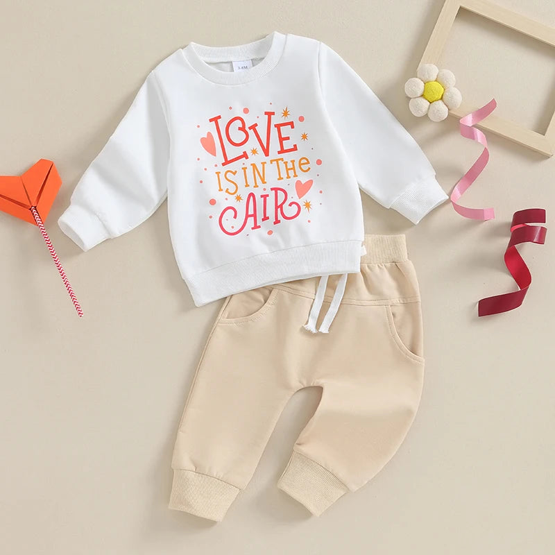 Baby Toddler Girls Boys 2Pcs Valentine's Day Clothes Set Long Sleeve O-Neck Letters Love Is In The Air Heart Print Top with Jogger Pants Outfit