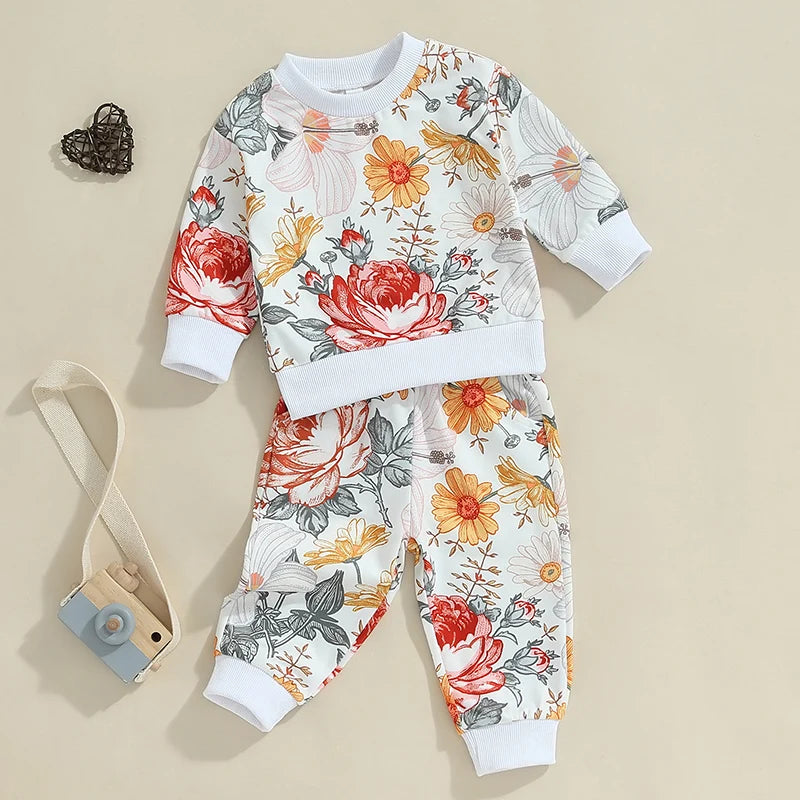 Baby Toddler Girls 2Pcs Fall Outfit Floral Flowers Print Long Sleeve Crewneck Top and Elastic Pants Set