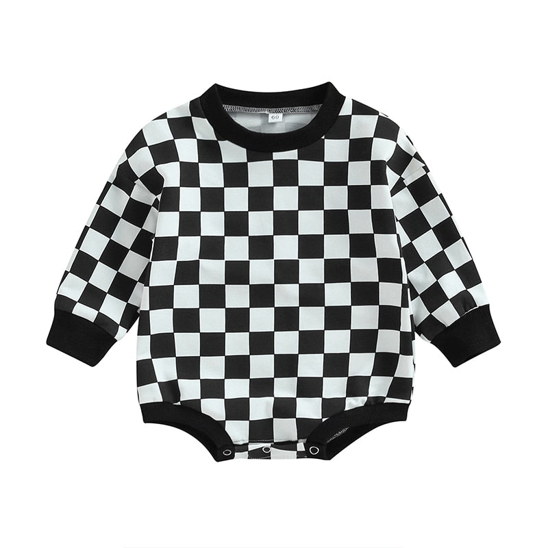 Baby Boy Girl Fall Sweatshirt Bodysuit Checkerboard Print Long Sleeve Jumpsuit Romper