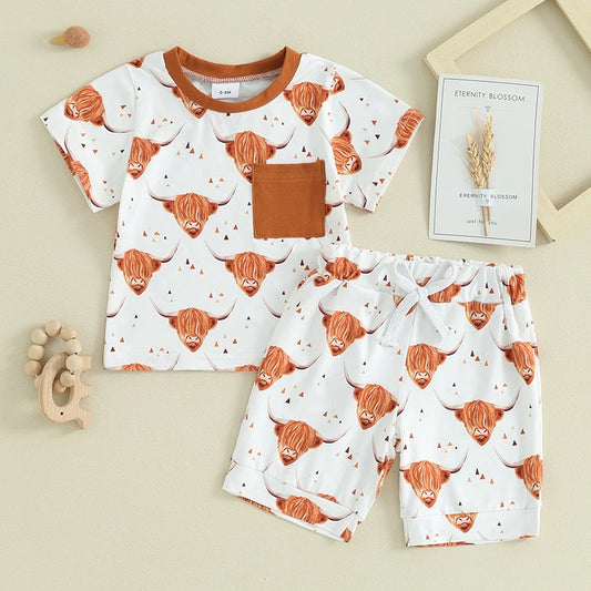 Toddler Baby Boy 2Pcs Clothes Western Cow Short Sleeve Top Jogger Shorts Cowboy Spring Summer Shorts Outfit Set