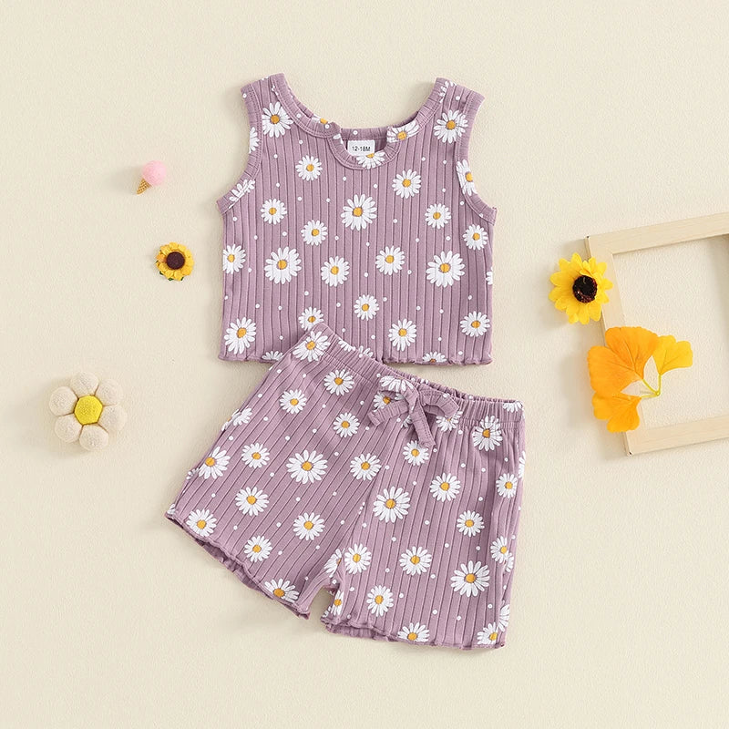 Baby Toddler Kids Girls 2Pcs Summer Clothes Set Sleeveless U Neck Flower Daisy Print Tank Top Shorts Set