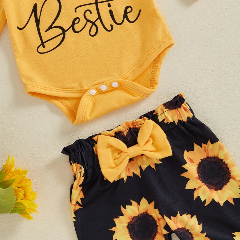 Baby Girls 3Pcs Auntie Is My Bestie Outfit Letter Print Long Sleeve Romper and Elastic Waist Sunflower Print Pants Headband Set