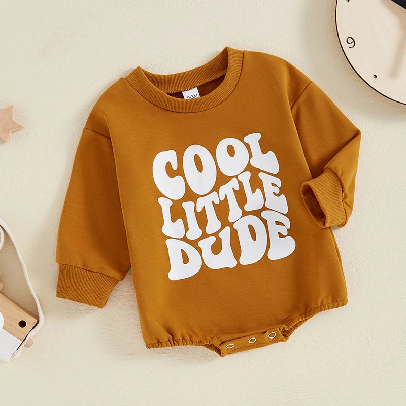 Baby Boy Cool Little Dude Bubble Romper Letter Print Round Neck Long Sleeve Casual Jumpsuit Bodysuit