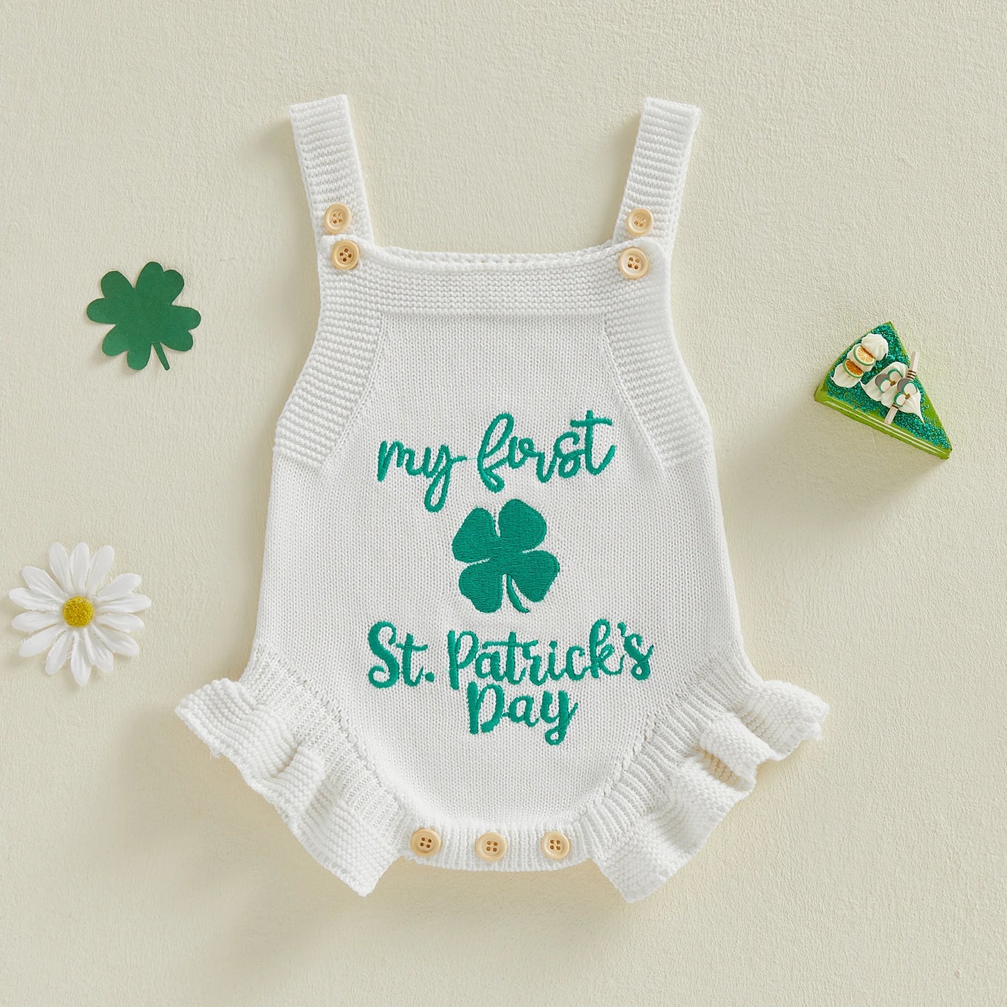 Baby Girls My First St. Patrick's Day Knit Jumpsuit Sleeveless Ruffle Trim Clover Letter Embroidery Overalls Romper