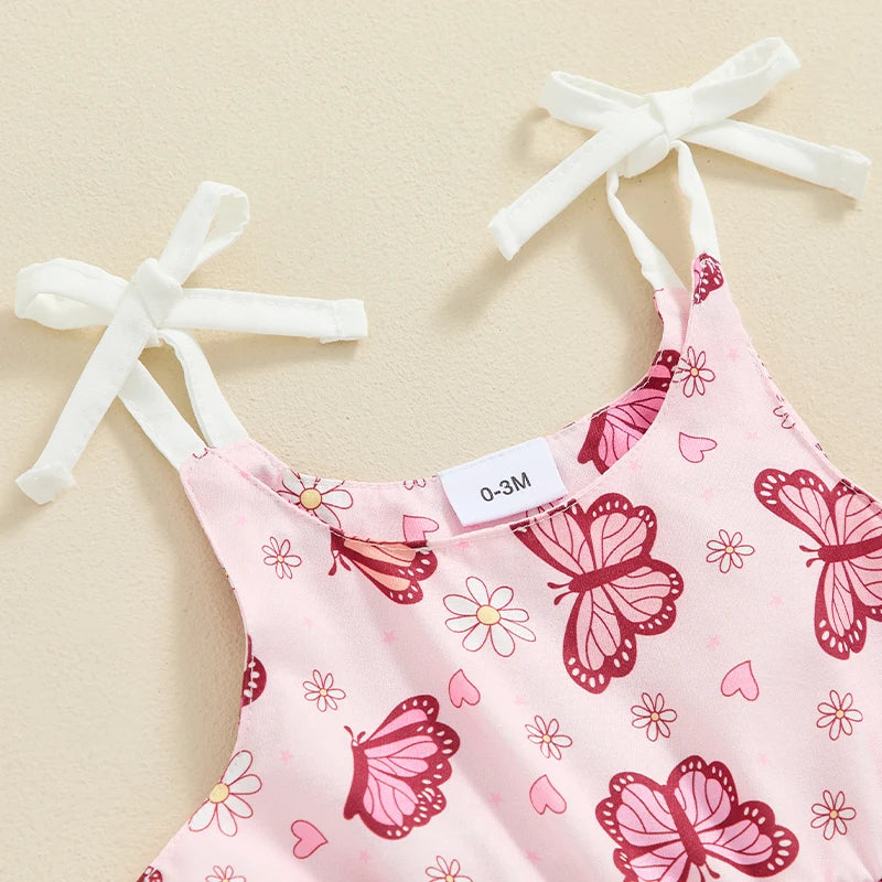 Baby Girls Summer Romper Flower/Butterfly Print Bow Tie Strap Tank Top Sleeveless Round Neck Jumpsuit