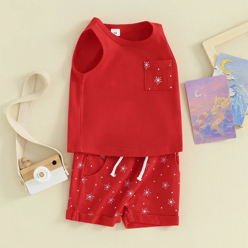 Baby Toddler Boy 2Pcs Summer Shorts Set Star Print Round Neck Tank Tops with Elastic Waist Shorts Outfit