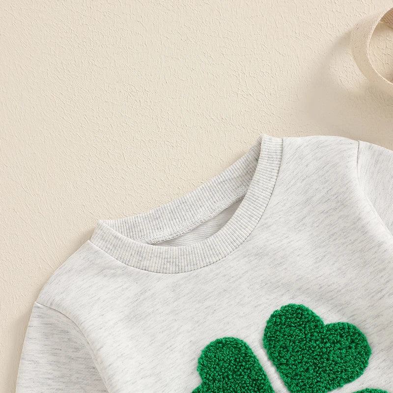 Baby Toddler Girl Boy St. Patrick's Day Casual Four Leaf Clover Shamrock Embroidery Long Sleeve Crewneck Top