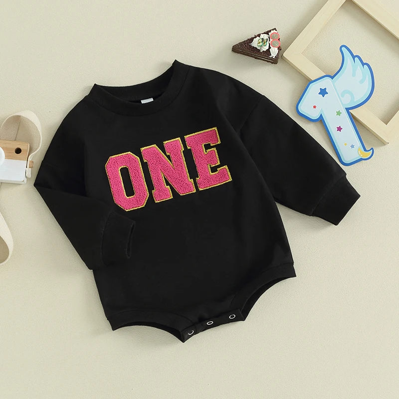 Baby Girl ONE Birthday Romper Embroidery Long Sleeve