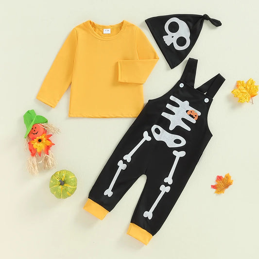 Baby Toddler Kids Boys Girls 3Pcs Halloween Outfit Long Sleeve Top + Bones Skeleton Overalls + Skull Hat Costume Set