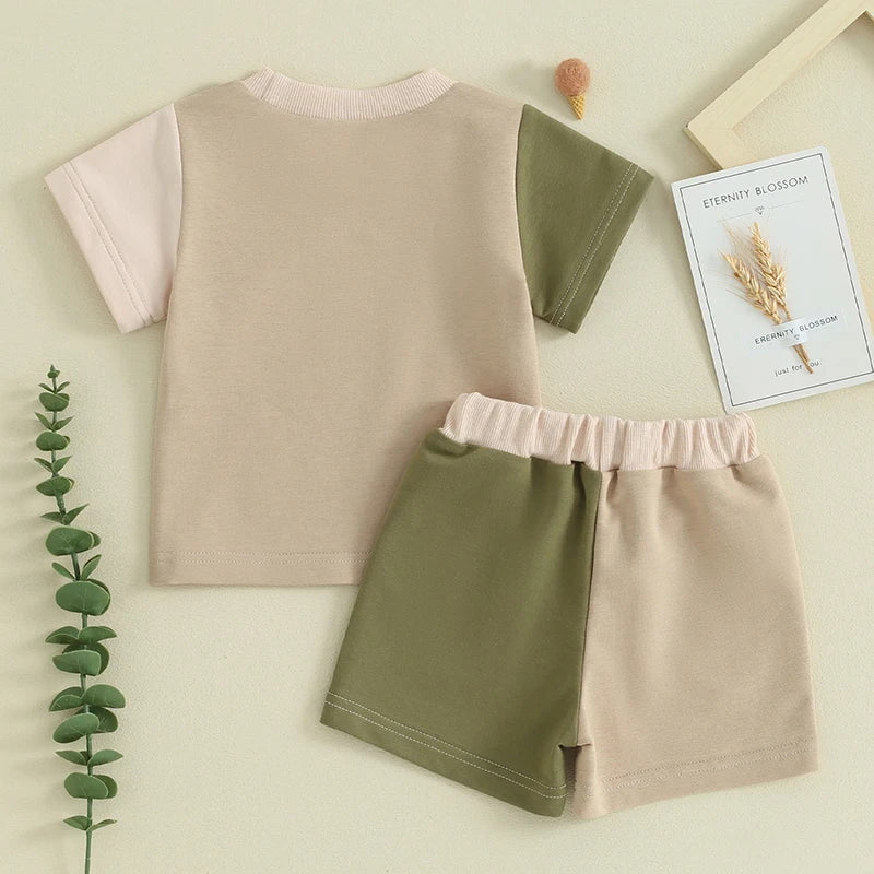 Toddler Baby Boy Girl 2Pcs Outfit Short Sleeve Contrast Color Top Elastic Waist Shorts Set Neutral Spring Summer Clothes