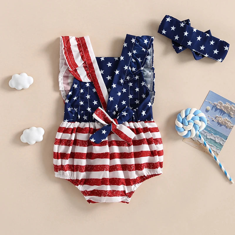 Baby Girl 2Pcs 4th of July Outfit Sleeveless Backless Ruffle Romper USA Flag with Headband Set