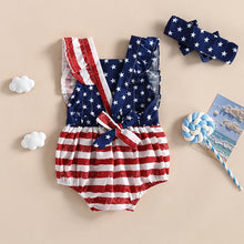 Load image into Gallery viewer, Baby Girl 2Pcs 4th of July Outfit Sleeveless Backless Ruffle Romper USA Flag with Headband Set
