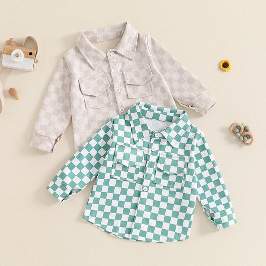 Baby Toddler Boys Girls Autumn Jacket Checkered Plaid Print Lapel Neck Long Sleeve Button Down Pockets Coat Top