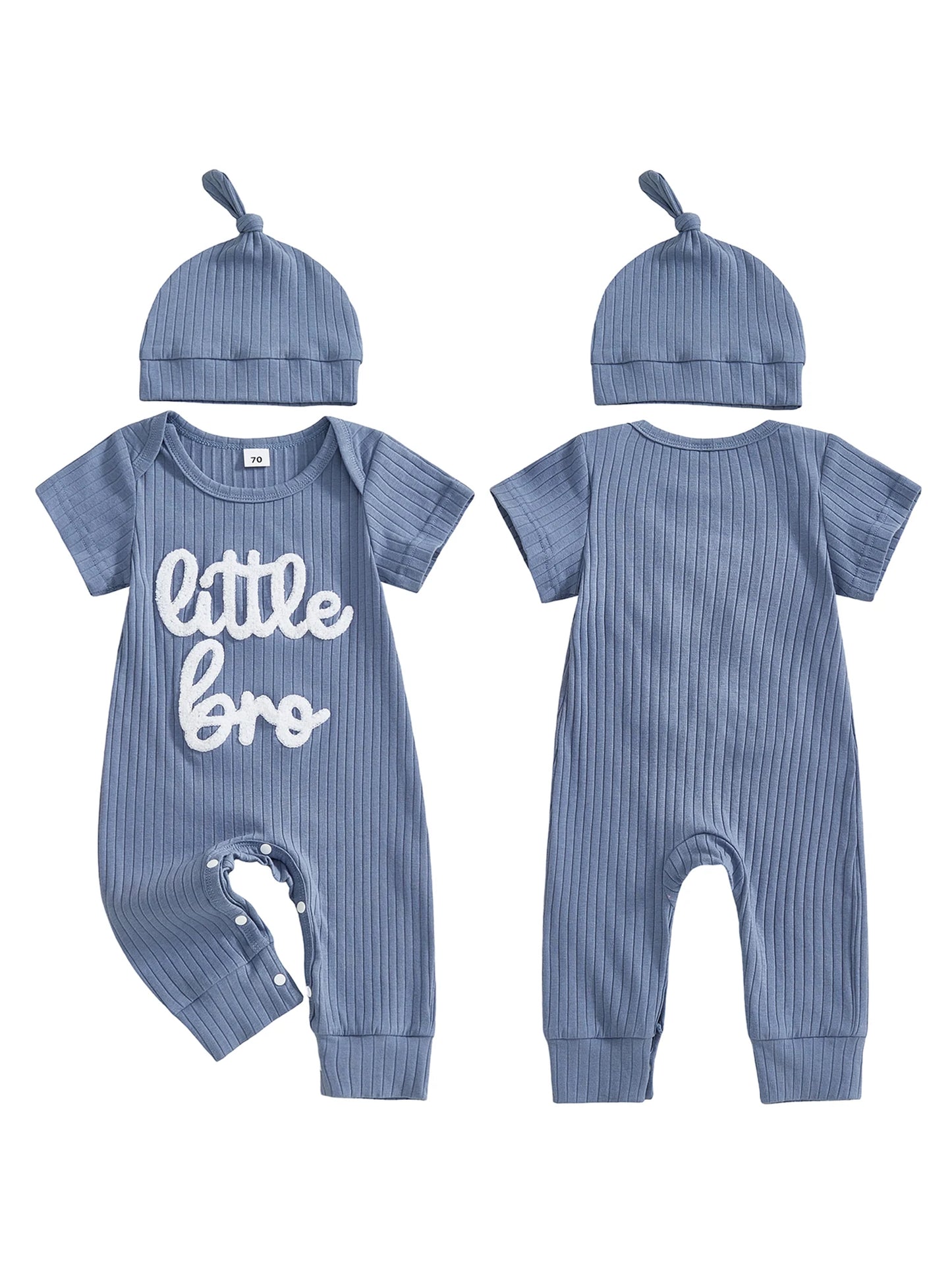 Baby Boy 2Pcs Little Bro Short Sleeve Romper Ribbed Letter Embroidery Round Neck Infant Jumpsuit with Hat Set