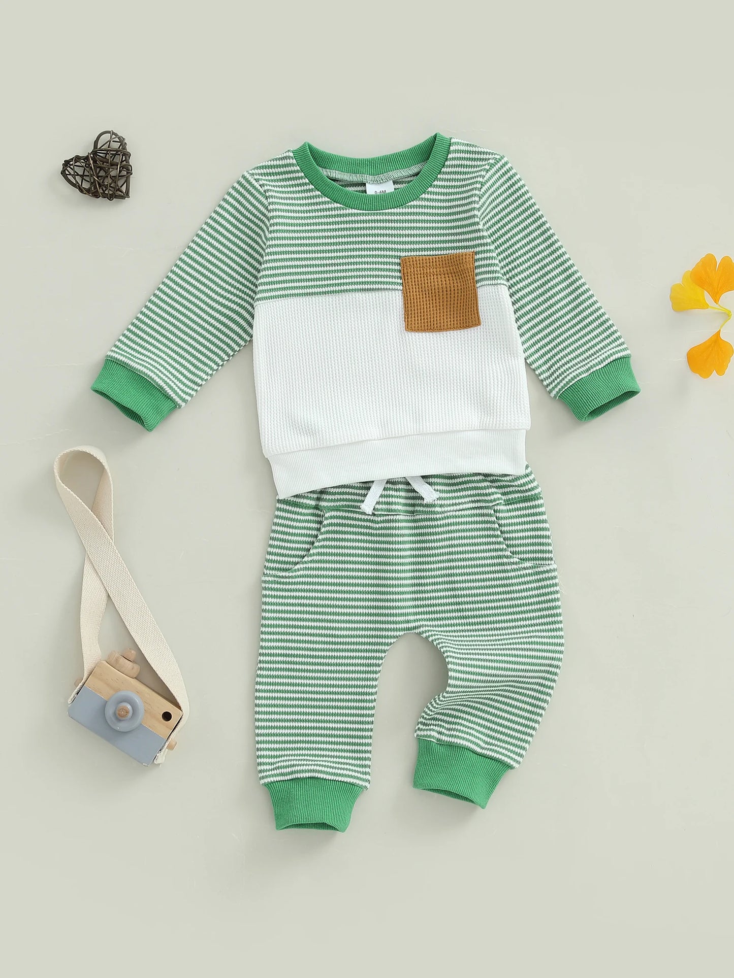 Baby Toddler Boys 2Pcs Fall Waffled Outfits Stripe Pocket Long Sleeve Round Neck Pullover + Elastic Waist Pants Jogger Set