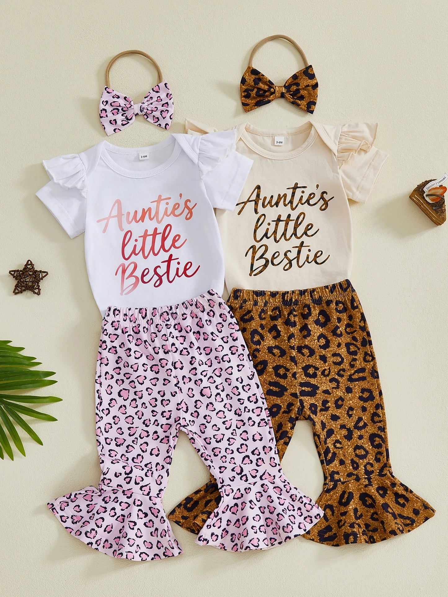 Baby Girl 3Pcs Auntie's Little Bestie Spring Outfits Letter Short Sleeve Romper with Leopard Pattern Flare Pants and Bow Headband Set