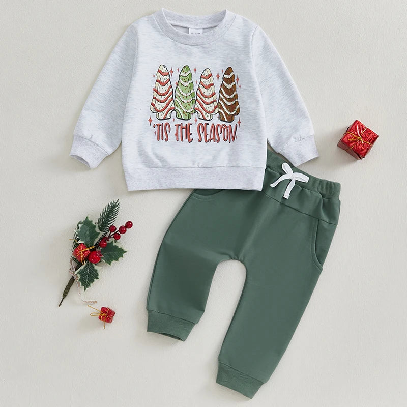 Baby Toddler Boys 2Pcs Merry Christmas Santa Hat / Tis The Season Tree Outfit Letter Embroidery Long Sleeve Top Long Pants Winter Jogger Set