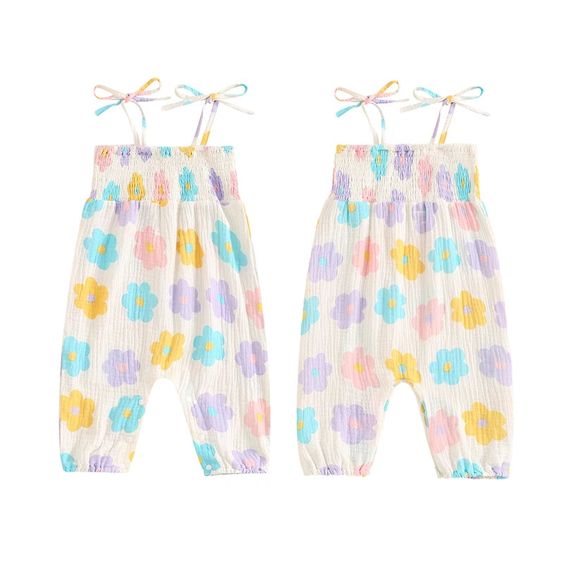 Baby Girl Romper Flower Print Shirred Square Neck Tie-Up Spaghetti Strap Tank Top Jumpsuit Summer Overalls