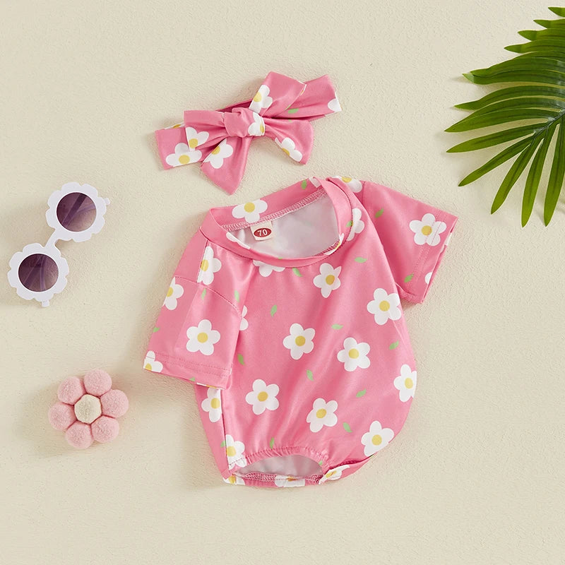 Baby Girl 2Pcs Summer Outfit Short Sleeve Flower Leaf Print Romper with Headband Set