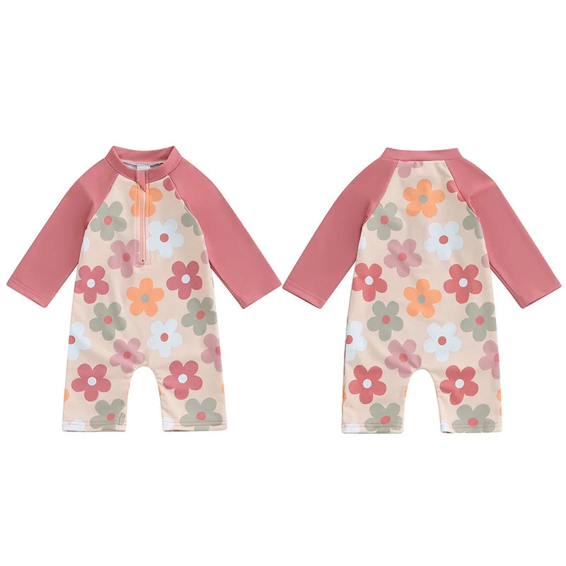 Baby Toddler Boys Girls Rash Guard Swimwear Animal/Floral/Tree Print Long Sleeve Mock Neck Zip Bathing Suit