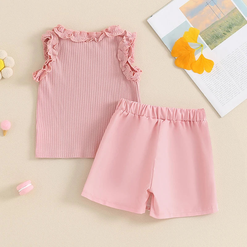 Baby Toddler Kids Girl 2Pcs Summer Outfit Solid Color Ribbed Frills Sleeveless Tank Top and Houndstooth Shorts Skirt Skort Set