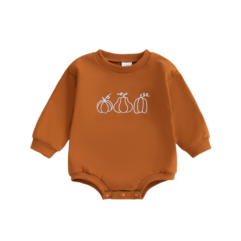 Baby Boys Girls Halloween Thanksgiving Fall Bubble Romper Casual Pumpkin Embroidery Long Sleeve Jumpsuit Toddler Cute Clothes