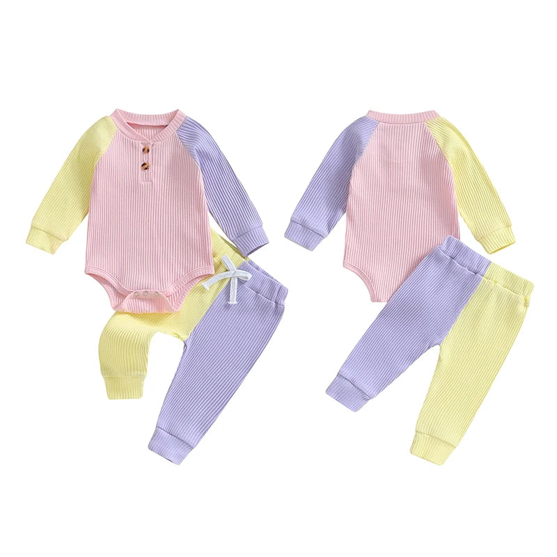 Baby Girls 2Pcs Outfit Contrast Color Long Raglan Sleeve Romper and Elastic Pants Set