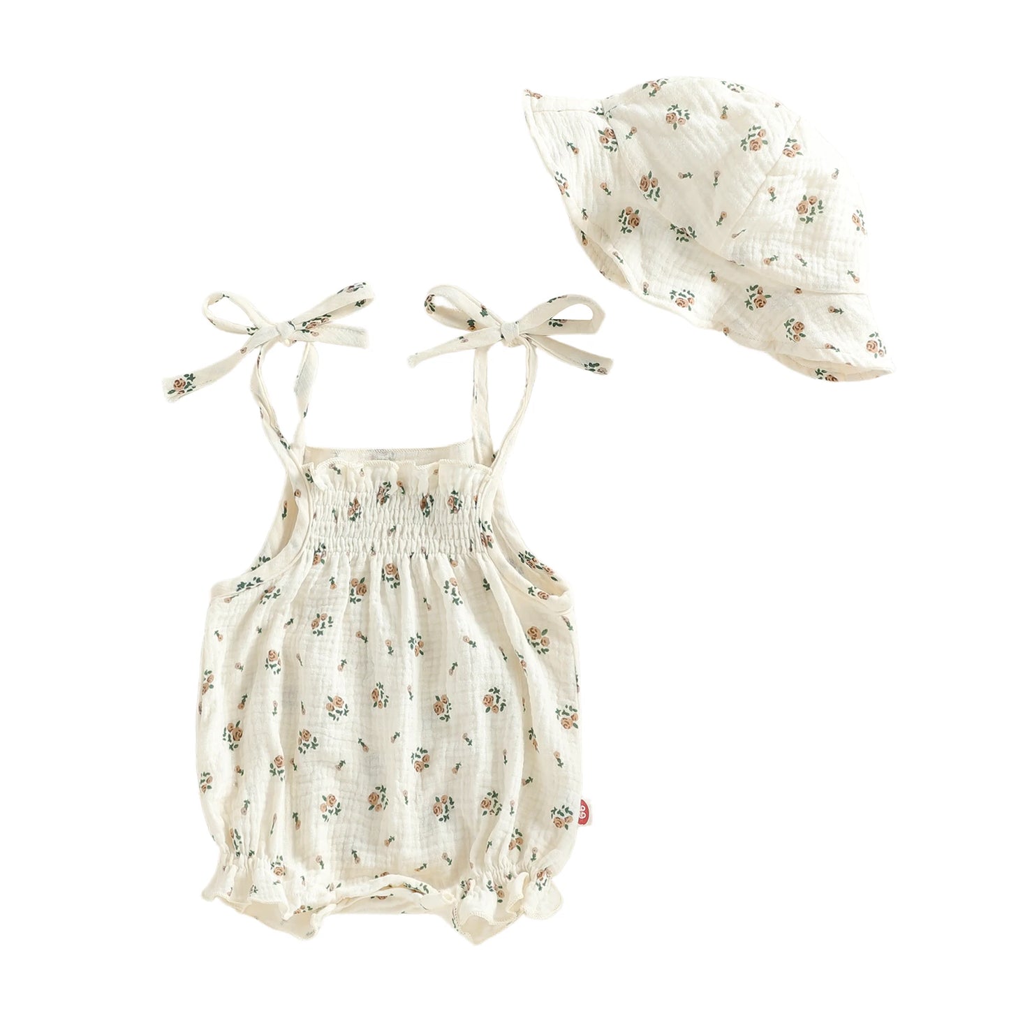 Baby Girls 2Pcs Summer Sweet Romper Infant Sleeveless Strappy Floral Overalls with Hat Set