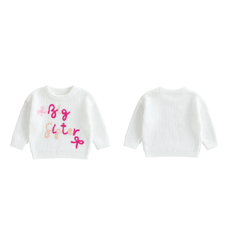 Baby Toddler Girls Lil/Big Sister Sweater Letter Bow Embroidery Crew Neck Long Sleeve Pullover Knit Top