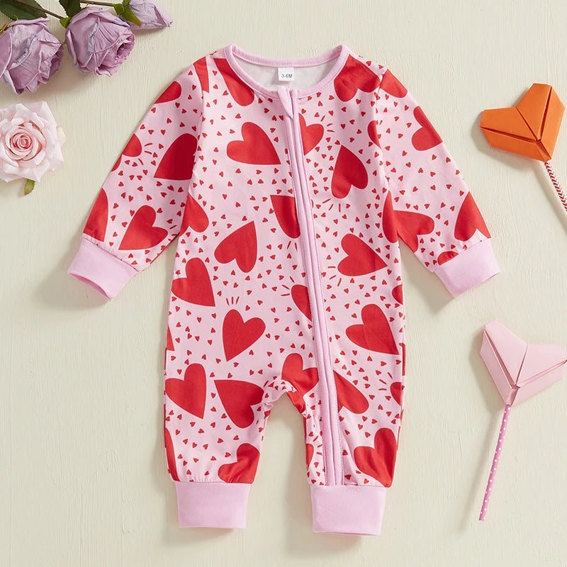 Baby Girl Valentine's Day Romper Heart Tractor Print Zipper Front Long Sleeve Full Length Valentines Jumpsuit