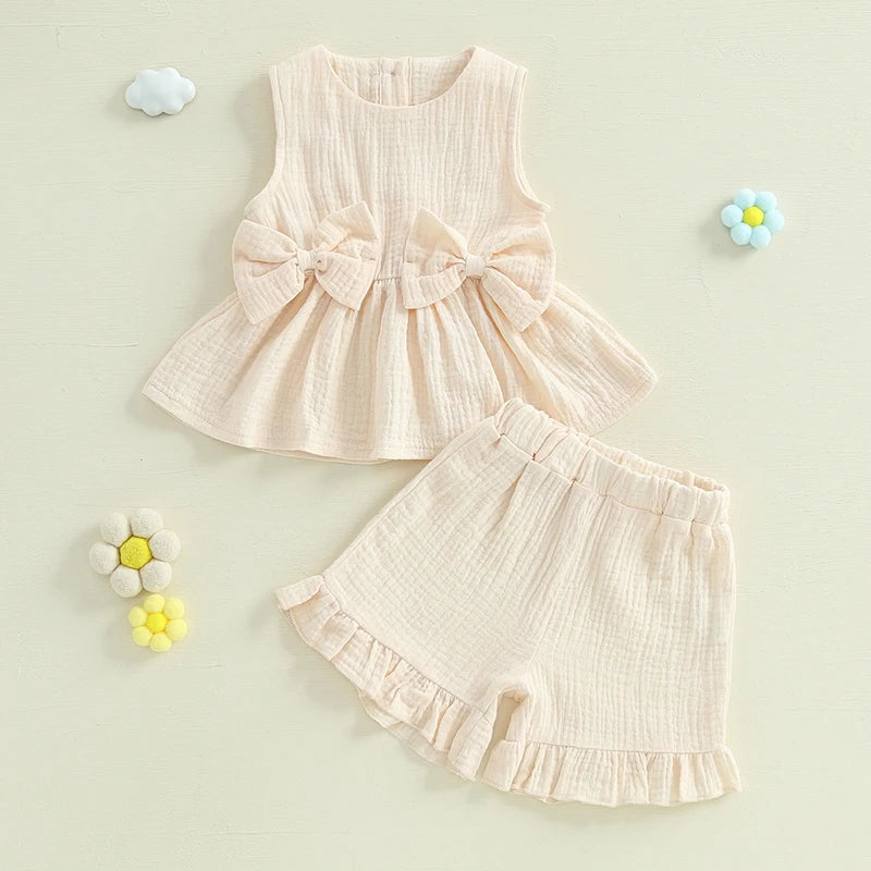 Baby Toddler Kids Girl 2Pcs Summer Clothes Solid Color Bow Round Neck Tank Top + Elastic Waist Ruffled Shorts Set