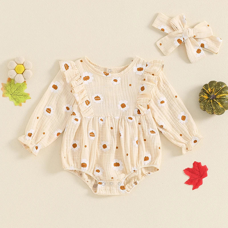 Baby Girls 2Pcs Halloween Thanksgiving Outfit Long Sleeve Pumpkin Flower Pie Print Romper with Headband Set