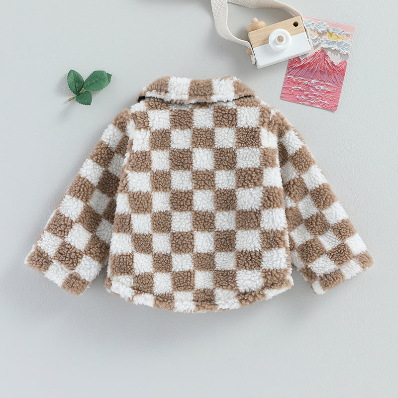 Baby Toddler Girls Plaid Checkered Fleece Coat with Turn-Down Collar Long Sleeves Button-Down Closure and Sherpa Lining - Stylish Winter Outerwear