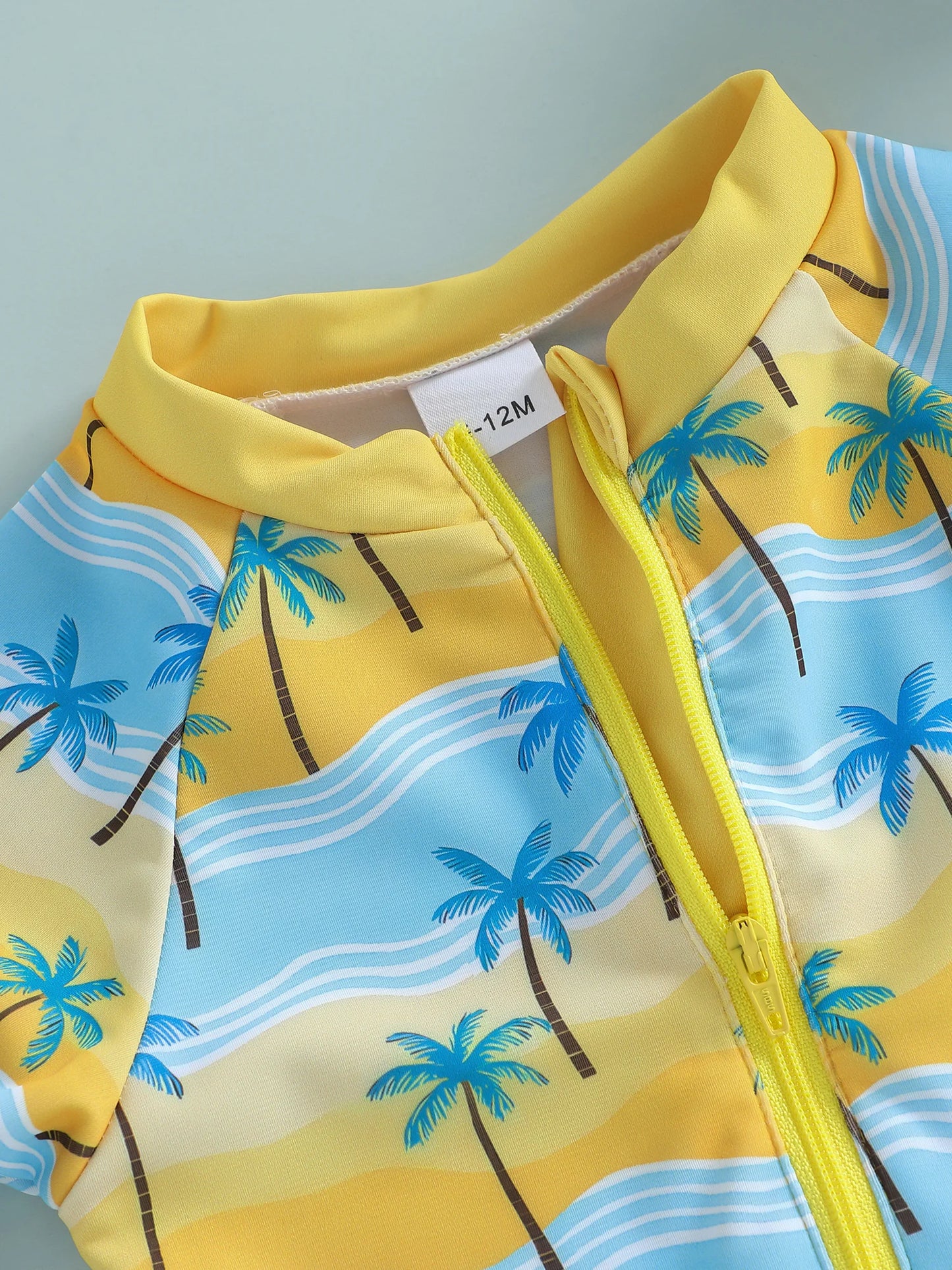 Baby Toddler Boys 3Pcs Rash Guard Swimsuit Set Palm Tree Print Long Sleeve Round Neck Top and Shorts Hat Set